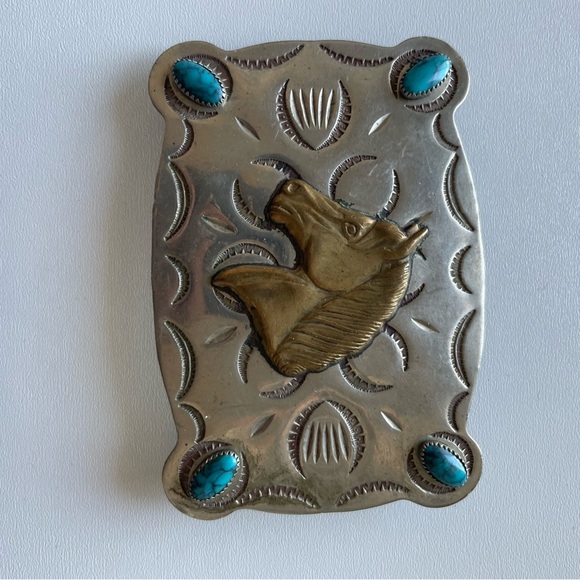Silver Belt Buckle with Horse Design and Turquoise Accents - Picture 2 of 6